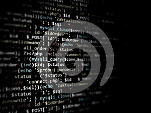 Black unique background. Programming PHP on laptop computer screen. Program code PHP HTML CSS of site. Computer code on laptop we