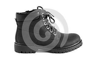 black unisex boots isolated on white background, shoes for autumn winter season