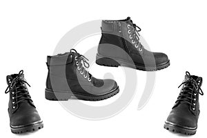 black unisex boots isolated on white background, shoes for autumn winter season