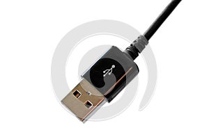 Black Universal Serial Bus USB cable on white background