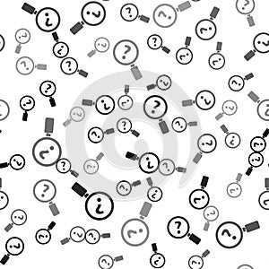 Black Unknown search icon isolated seamless pattern on white background. Magnifying glass and question mark. Vector