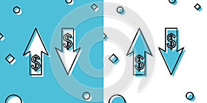 Black Up and Down arrows with dollar symbol icon isolated on blue and white background. Business concept. Random dynamic