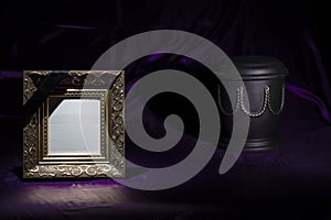 Black urn with golden decoration and blank golden mourning frame