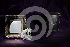 Black urn with golden decoration, white chrysanthemum, blank golden picture frame on deep purple background