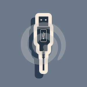 Black USB cable cord icon on grey background. Connectors and sockets for PC and mobile devices. Computer peripherals