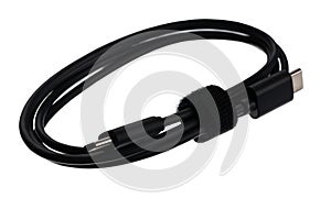 Black USB cable with plugs type A and type C at the edges on a white background