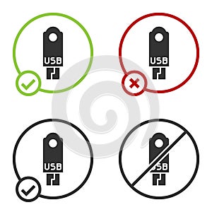 Black USB flash drive icon isolated on white background. Circle button. Vector Illustration