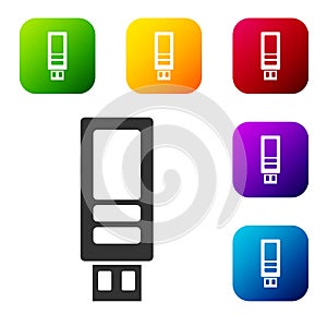 Black USB flash drive icon isolated on white background. Set icons in color square buttons. Vector