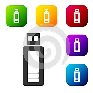 Black USB flash drive icon isolated on white background. Set icons in color square buttons. Vector