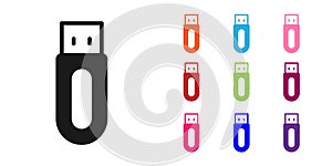 Black USB flash drive icon isolated on white background. Set icons colorful. Vector
