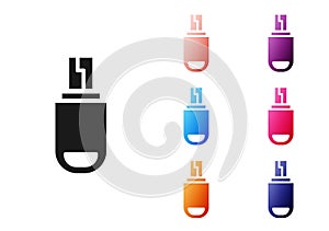 Black USB flash drive icon isolated on white background. Set icons colorful. Vector Illustration