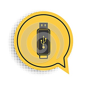 Black USB flash drive icon isolated on white background. Yellow speech bubble symbol. Vector