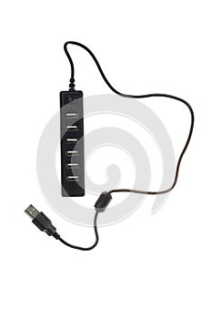 Black USB hub with six ports, isolated on white