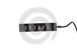 Black USB hub with six ports, isolated on white