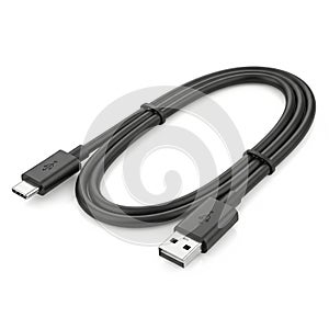 Black USB Type- C to USB Type- A Cable Curled on White Background connector type-c