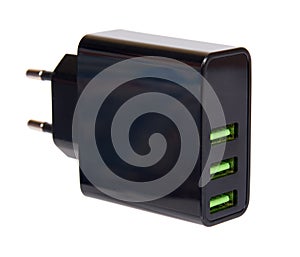 Black USB wall chrger plug, three ports