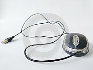 black USB wired computer mouse on white background