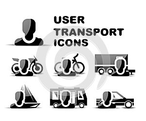 Black user transport glossy icon set