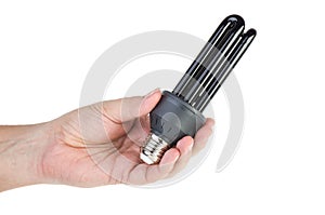 Black (UV) fluorescent lamp with e27 base in hand