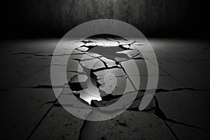 Black Vacant Scene with Cracked Stone Floor and Concrete Background