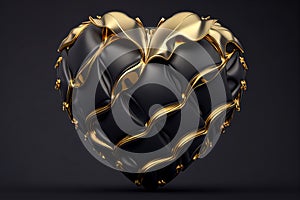 Black Valentine Heart with golden cracks on black background created with Generative AI