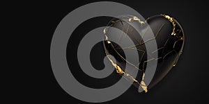 Black Valentine Heart with golden cracks on black background created with Generative AI