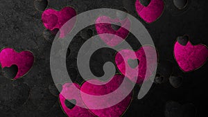 Black Valentines Day grunge abstract motion background with pink golden hearts