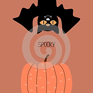 Black vampire bat with creepy eyes and orange pumpkin hand drawn vector illustration. `Spooky` greeting card.