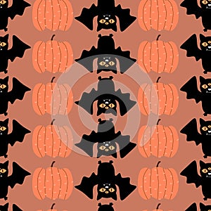 Black vampire bat and orange pumpkin hand drawn vector illustration. Halloween seamless pattern.