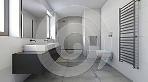 Black vanity and grey tiles in the bathroom with natural light through the windows