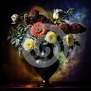 Black vase with bouquet of flowers, grunge background, still life