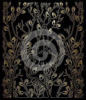 Black vector background with gold spring branches and gradient