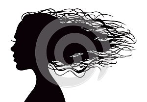 Black vector beautiful woman`s portrait silhouette with long flowing hair