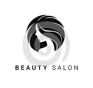 Black vector beauty salon or hairdresser icon design with silhouette of beautiful woman\'s portrait