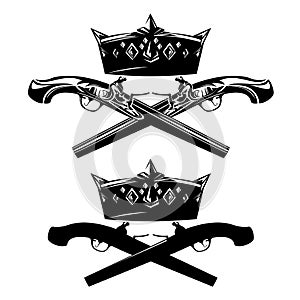 Black vector design set of crossed dueling pistols with royal crown