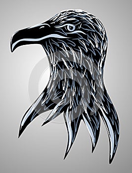 Black vector eagle head with feather. Hand painted animal background, patriot symbol, logo