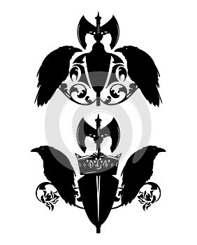 Black vector heraldic design set with shield, raven birds, axe and king crown