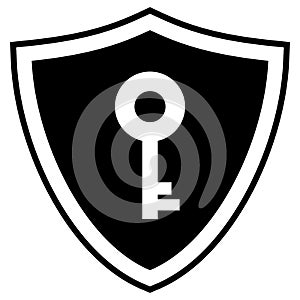 Black vector icon of a security shield with a key on a transparent background