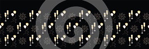 Black vector illustration. Firework, champagne, and ballons horizontal seamless pattern border background.