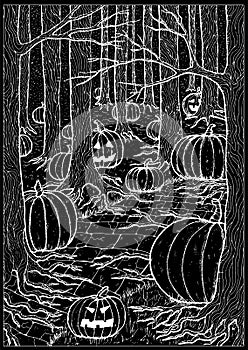 Black vector illustration with path or trailway, scary pumpkin head and lanterns hiding behind the  gloomy trees in dark forest or