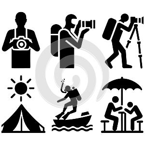 Black vector isolated icons silhouettes set of traveling and vacationing people. A tourist taking photographs, snorkeling in the