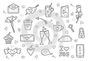 Black vector items, set Valentine's day and weddings icons doodle. Design for prints, cards and coloring page.