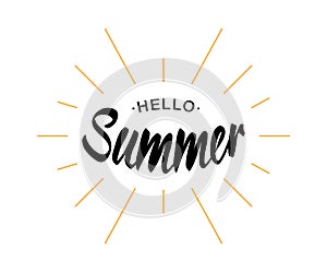 Black Vector Lettering Hello Summer with yellow sun rays isolated on white background.