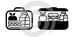 Black Vector Lunch Box Symbol with Snack and Drink Elements