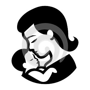 black vector mom and baby icon on white background
