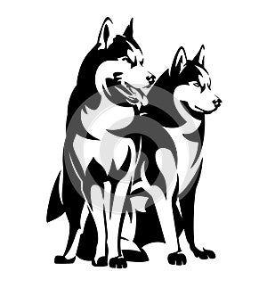 Black vector outline of siberian husky dog sitting and standing