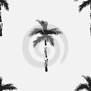 Black vector palm trees isolated on white background. Hand drawn seamless pattern