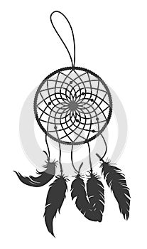 Black vector silhouette of dream catcher with feathers isolated on white background