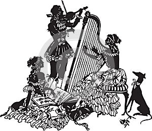 Black vector silhouette of musicians playing instruments