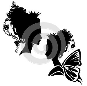 Black vector silhouette portrait of fairy tale nymph princess with rose flowers and butterfly wings